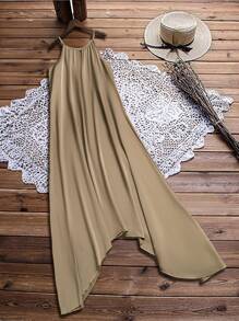 SHEIN 女士度假休闲无袖纯色连衣裙 - 卡其色 - 查看 5