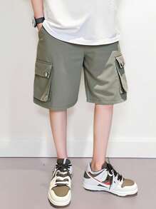 SHEIN 男童休闲简约纯色松紧腰宽松工装短裤，军绿色，夏季 - 軍綠色 - 查看 1