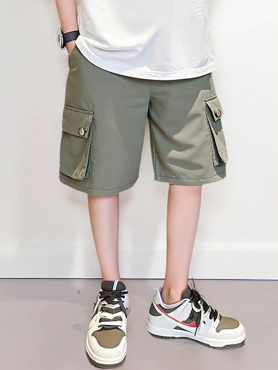 SHEIN 男童休闲简约纯色松紧腰宽松工装短裤，军绿色，夏季 - 軍綠色 - 查看 1