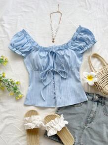 Soleia Textured Tie-Front Button Down Casual Vacation Shirt For Young People