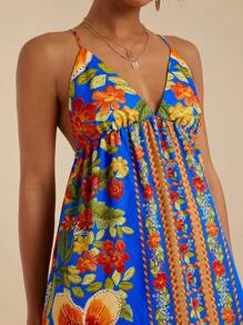 Travachic Women's Floral Print Ruffle Hem Spaghetti Strap Dress, Vacation Style - Blue - View 3