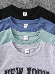 8 件/套青少年男孩休闲宽松字母图案圆领短袖 T 恤和短裤 2 件套，适合通勤、学校、日常休闲装、运动，适合春夏季 - 霧霾藍 - 查看 6