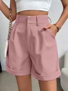 SHEIN Clasi Quần short thường ngày xếp ly màu trơn cho nữ, đa năng - Bụi hồng - Xem 6