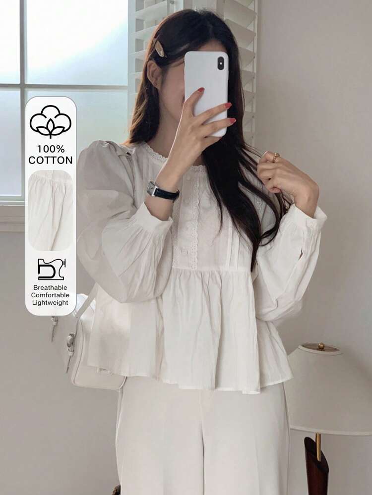 Women's Contrast Lace Long Sleeve White Ruffle Collar Blouse Shirt, Spring/Autumn