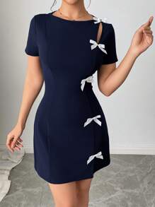 Vestido ajustado con decoración de lazo, de manga corta, elegante, romántico y de estilo para oficina y para mujeres - Azul marino - Ver 5