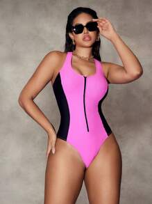 SHEIN Swim Tummy Control Front Zipper Color Block One-Piece Swimsuit For Women For Summer Beach Vacation