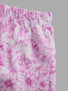 Girls Teen Ditsy Floral 2 Pieces Set: Ruffle Trim Cropped Knit Top & Floral Wide-Leg Pants, Elegant Princess-Style Outfit For Wedding Season, School, Campus, College - Multicolor - View 6