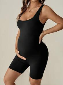 SHEIN Maternity Casual Black Knitted Fabric Sleeveless Scoop Neck Backless Semi-Sheer Short Jumpsuit For Comfortable Everyday Wear - Black - View 7
