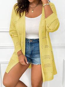 Elenzga Plus Size Summer Holiday Hollow-Out Knit Cardigans With Front Open And Drop Shoulder Fall Winter Cloth For Women Autumn - Yellow - View 1