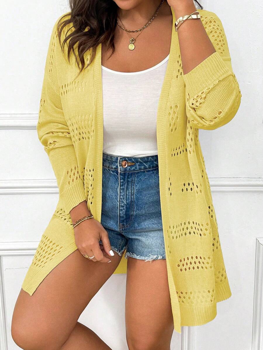 Elenzga Plus Size Summer Holiday Hollow-Out Knit Cardigans With Front Open And Drop Shoulder Fall Winter Cloth For Women Autumn - Yellow - View 1