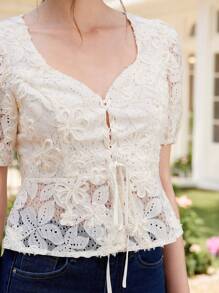Chiquease Blusa elegante e casual da donna, con vita stretta, in tessuto a rete lavorato a maglia e ricamato - Albicocca - Visualizzare 8