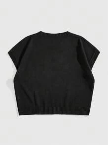 ROMWE MEN Casual Men's Floral Embroidery Round Neck Short Sleeve Loose Knit Sweater, Vacation - Black - View 2