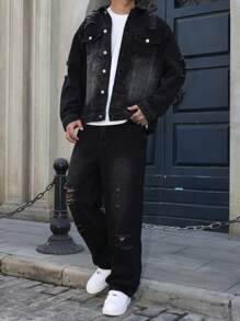 GALLERY FADE Men's Long Sleeve Single Breasted Distressed Denim Jacket And Denim Black Jeans Suit Hang Out Going Out Commute Work Urban, Fall Clothes
