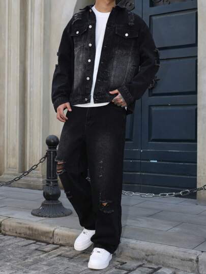 GALLERY FADE 男士长袖单排扣破洞牛仔夹克和黑色牛仔裤套装外出通勤工作都市秋季服装