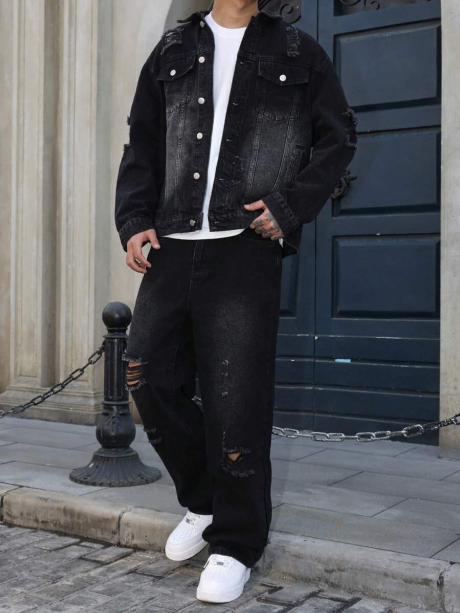 GALLERY FADE Men's Long Sleeve Single Breasted Distressed Denim Jacket And Denim Black Jeans Suit Hang Out Going Out Commute Work Urban, Fall Clothes