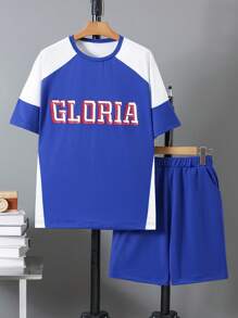 2pcs/Set Teenage Boys' Outdoor Sports V-Neck Short Sleeve Splicing Letter Print Basketball Tee And Running Shorts, Summer - Black and White - View 3