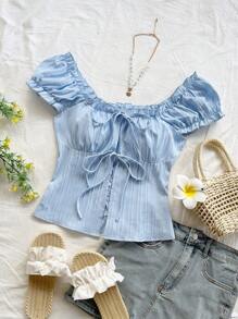 Soleia Textured Tie-Front Button Down Casual Vacation Shirt For Young People