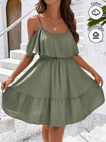 SHEIN Clasi 优雅竹亚麻荷叶边一字肩细肩带拼接下摆荷叶绿夏季收腰A字优雅短款连衣裙女节日连衣裙 - 軍綠色 - 查看 4