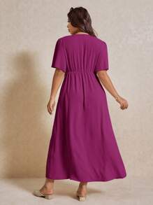 Elaquor Plus Size Casual Elegant V-Neck Cinched Waist A-Line Dress, Vacation,Summer Outfits For Women - Hot Pink - View 5