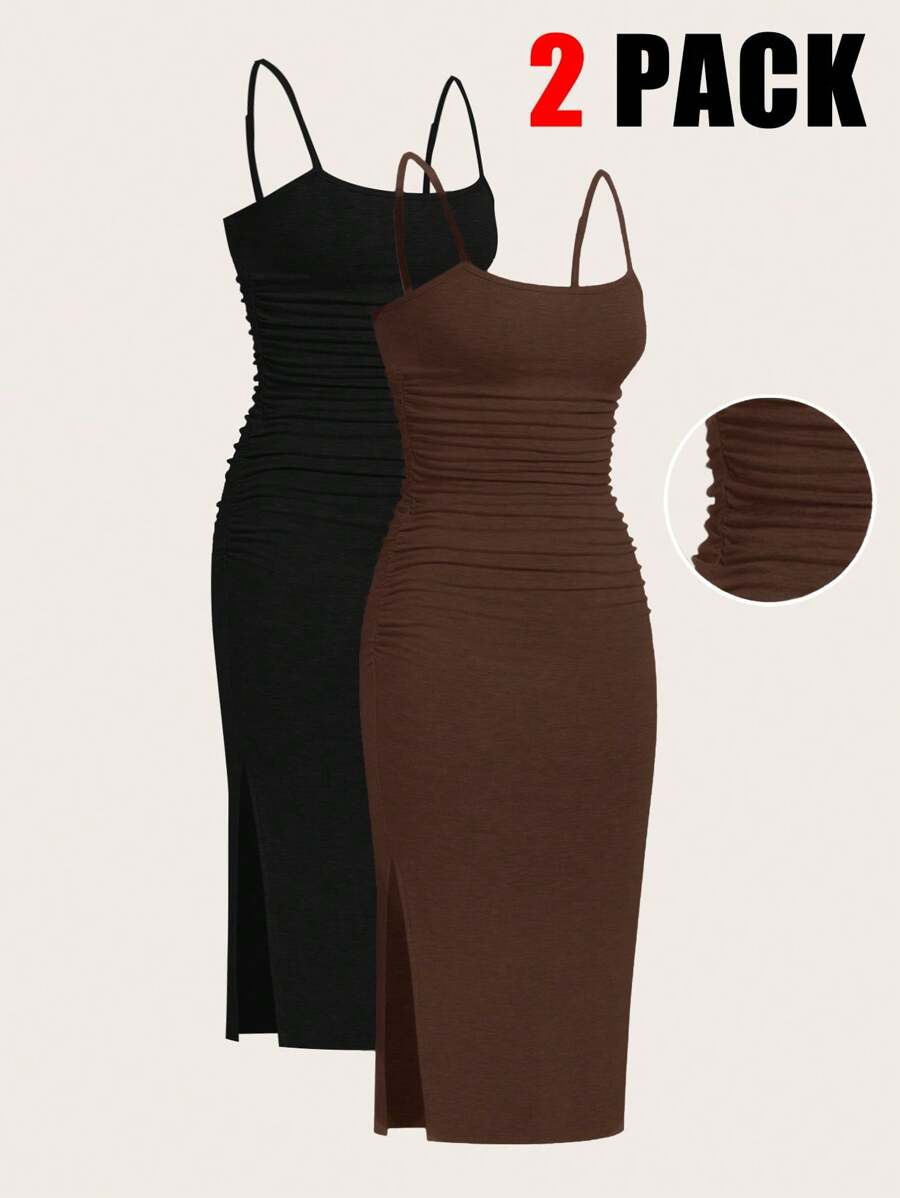 SHEIN EZwear 2pcs/Set Women's Summer Knitted Slim Camisole Dress - Brown - View 1