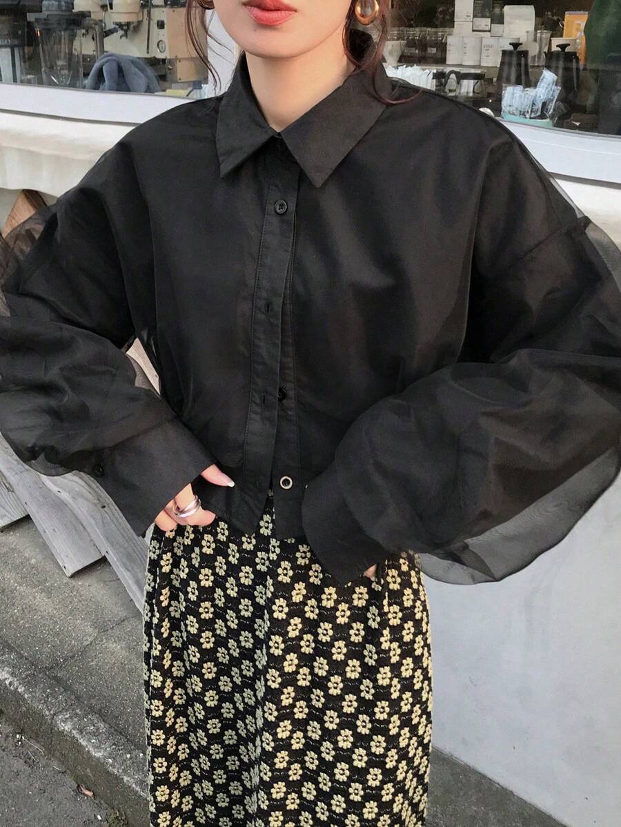 FRIFUL Women's Black Loose Short Mesh Shirt Design, Spring Long Sleeve Top - Black - View 1