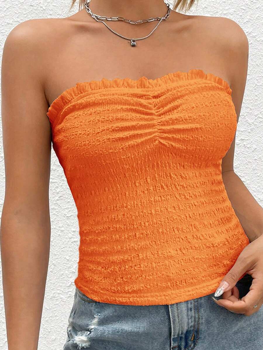 SHEIN EZwear Women's Casual Orange Strapless Knitted Ruched Tube Top: Sleeveless And Regular Length For Everyday Wear - Orange - View 1