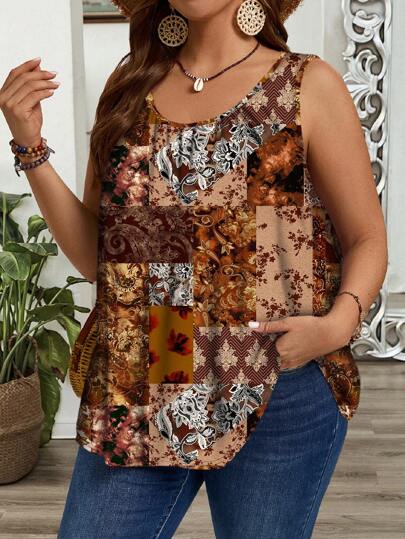 EMERY ROSE 加大码乡村风格拼布印花无袖宽松皱褶吊带背心和背心，适合春夏季女士加大上衣