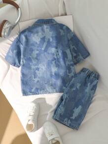 SHEIN 3-Piece Set Boys Jacquard Denim Washed Outfit With Simple Round Neck White T-Shirt, Fashionable Style, Special Fabric Design, Suitable For 4-7 Years Old Boys Daily Life, Travel, Party, Leisure In Spring And Summer - Blue - View 3