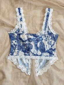 Soleia Plus Size Women Floral Print Lace Patchwork Cropped Tank Top, Romantic Floral Bohemian Boho Romantic Floral Vacation Floral - Blue and White - View 2