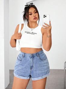 SHEIN ICON 大码女式口袋翻边休闲百搭牛仔短裤 - 藍色 - 查看 6
