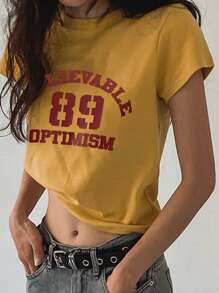 DAZY Women's Letter Print Loose Short Sleeve Street T-Shirt, Yellow, Spring & Summer,Graphic Tees