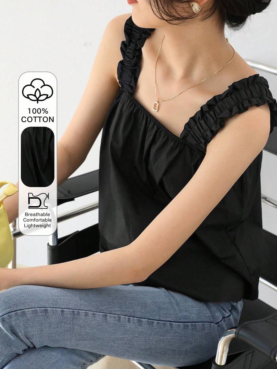 DAZY 纯色荷叶边吊带吊带上衣 夏季娃娃装上衣