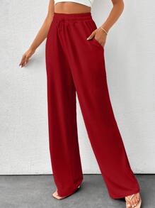 SHEIN Tall Summer Solid Color Beige High Waist Drawstring Waist Linen Look Wide Leg Pants, Tall Women - Red - View 3