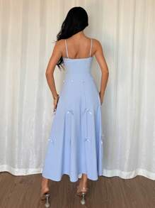 Chiquease 女式法式蝴蝶结吊带中长连衣裙 女式蝴蝶结 A 字形蓝色连衣裙 - 藍色 - 查看 2