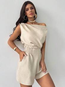 Firerie 2pcs/Set Women Linen Color Asymmetrical Shoulder Ruched Blouse And Shorts Set, With Pockets. Lightweight Linen-Like Loose Pants Set. Asymmetric Shoulder Blouse And Wide-Leg Pants Set, Suitable For Spring/Summer/Autumn, Commuting, Elegant, Casual, Beach, Boho, Hawaiian, Modest,Graduation,Teacher Outfits For Women,Back To School - Khaki - View 4