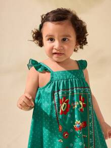 SHEIN Young Girl Cute Summer Green Floral Pattern Cap Sleeve Dress - Multicolor - View 3