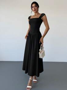 Firerie Vestido largo de corte evasé con cuello cuadrado, mangas abullonadas y detalles de lazo. Elegante y adecuado para citas, primavera/verano