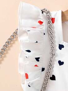 2pcs/Set Girls Elegant Heart Print Cap Sleeve Top + Bowknot Decor Pleated Skirt Outfit Set, Suitable For Summer Daily Casual, Entertainment, Travel, Vacation