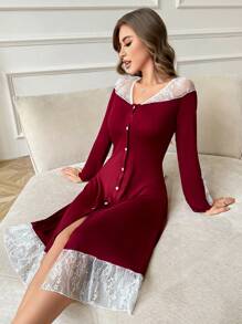 Côtesoire Women's Romantic Lace Patchwork Ruffle Trim Long Sleeve Nightgown Babydoll Holiday Season, For Fall, Winter - Burgundy - View 5