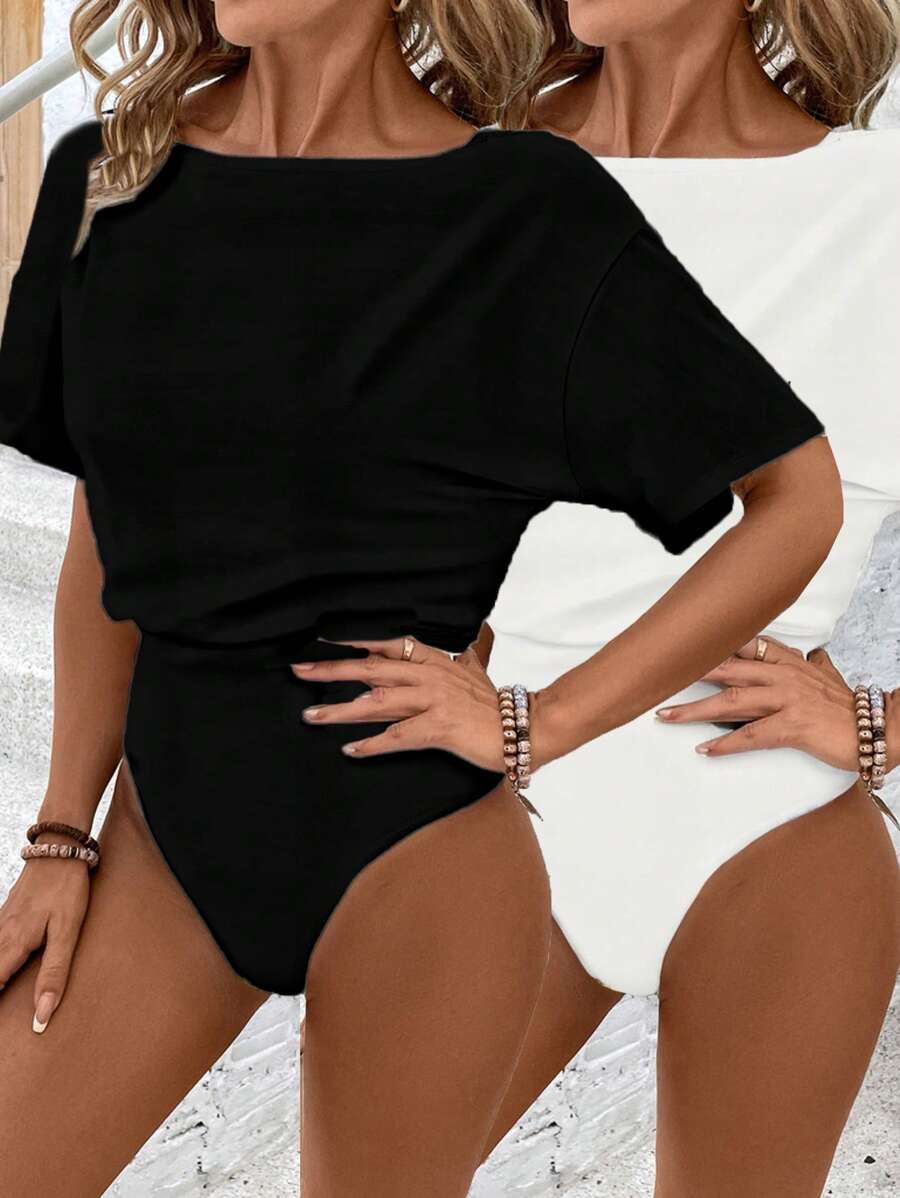SHEIN LUNE 2 Pcs/Set Women's Casual & Simple Solid Color Bodysuit With Short Sleeves, Versatile Top Suitable For Spring/Summer - Black and White - View 1