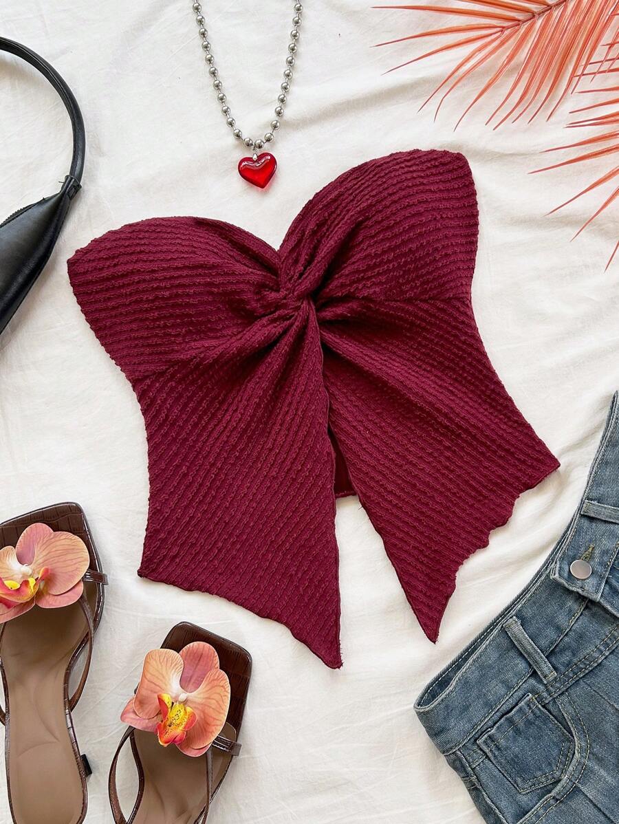 Soleia 杏色纹理针织扭纹前部不对称下摆吊带背心，女士，假日 - 酒紅色 - 查看 1