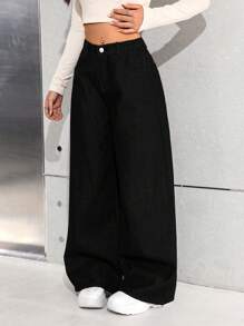 SHEIN Teen Girls Black Denim Long Jeans With Zipper Detail And Wide Leg Fit