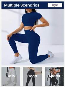 SHEIN Core Rhythm High Elastic Seamless Women Solid Color Short Sleeve T-Shirt And Leggings Sportswear Set Workout Clothes Women Women S Athletic Sets Women Clothing Exercise Women S Clothes Workout Pants Women - Navy Blue - View 7