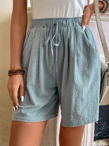 EMERY ROSE Solid Knot Front Wide Leg Shorts - Green - View 7