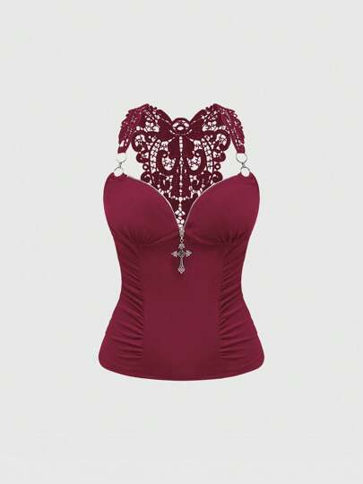 Goth Top de tirantes elegante con cuello cruzado y encaje, estilo retro Y2K sin espalda