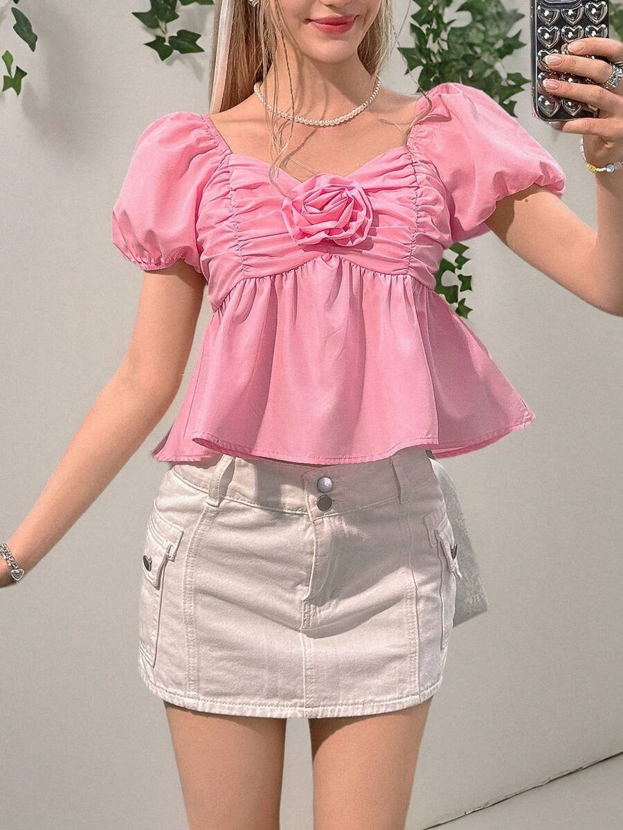 SHEIN 青少年女孩休闲简约舒适 V 领花卉装饰荷叶边衬衫 - 白色 - 查看 1