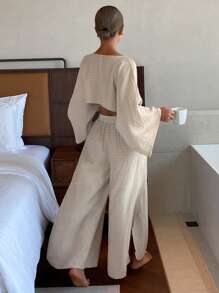 Livesso Bohemian Textured Fabric Cropped Top & Long Wide Leg Pants Women's Lounge Set, Fall Winter Clothes, Cozy Outfit - Khaki - View 2