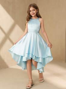 SHEIN 花童吊带裙，缎面处理，不对称下摆，优雅适合婚礼、派对、生日、演出 - 藍色 - 查看 5