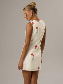 SHEIN Forever 21 Women Floral Print Single Breasted Round Neck Sleeveless Mini Dress - Apricot - View 2