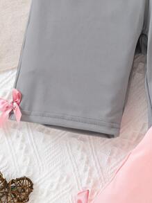 SHEIN 2 件女童蝴蝶结罗纹针织高腰基本款短款紧身裤，粉色和黑色，舒适休闲套装，骑行短裤 - 彩色 - 查看 5